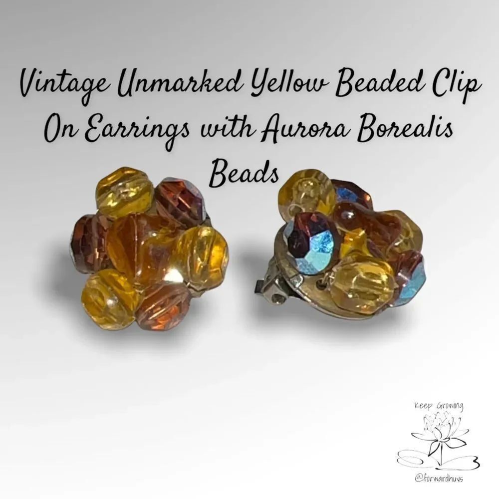 Vintage Unmarked Yellow/Orange Clip-on Earrings with Aurora Borealis Beads